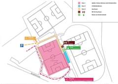 Bild könnte enthalten: Text „Zone1 Zone2 Spieler,Trainer, Umkleidekabinen Zone3 Zuschauer VCfürZuschauer Kiosk,nurFensterverkauf C Eingang Zuschaue P Kiosk Kunstrasenplatz Buoeldstiale“